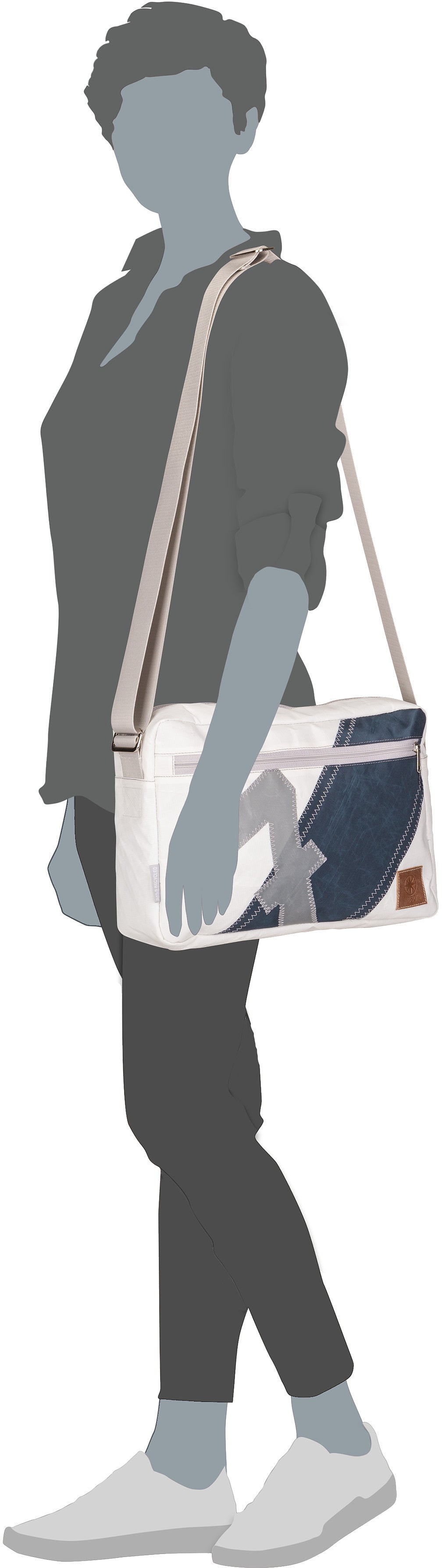 360Grad Fender L Stencil-Weiß/Grau Crossbody Bag – Silhouettenansicht
